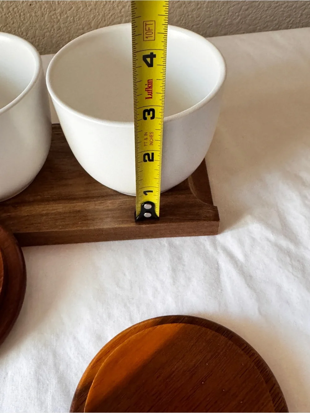 White Ceramic Condiment Trio with Wooden Lids and Tray